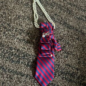 Red and Blue Striped Necklace Tie with Pearl Necklace